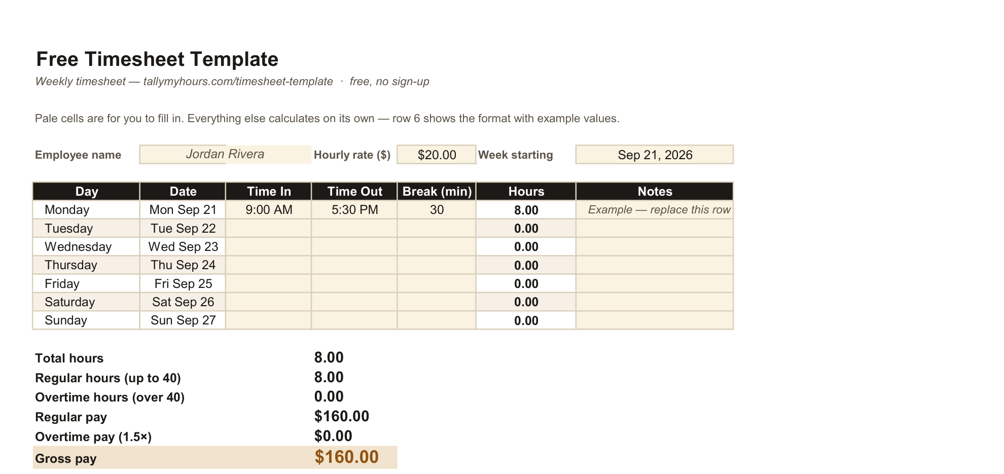 Preview of the free timesheet template showing employee name, a week of time in and out entries, and hours, overtime and gross pay totals